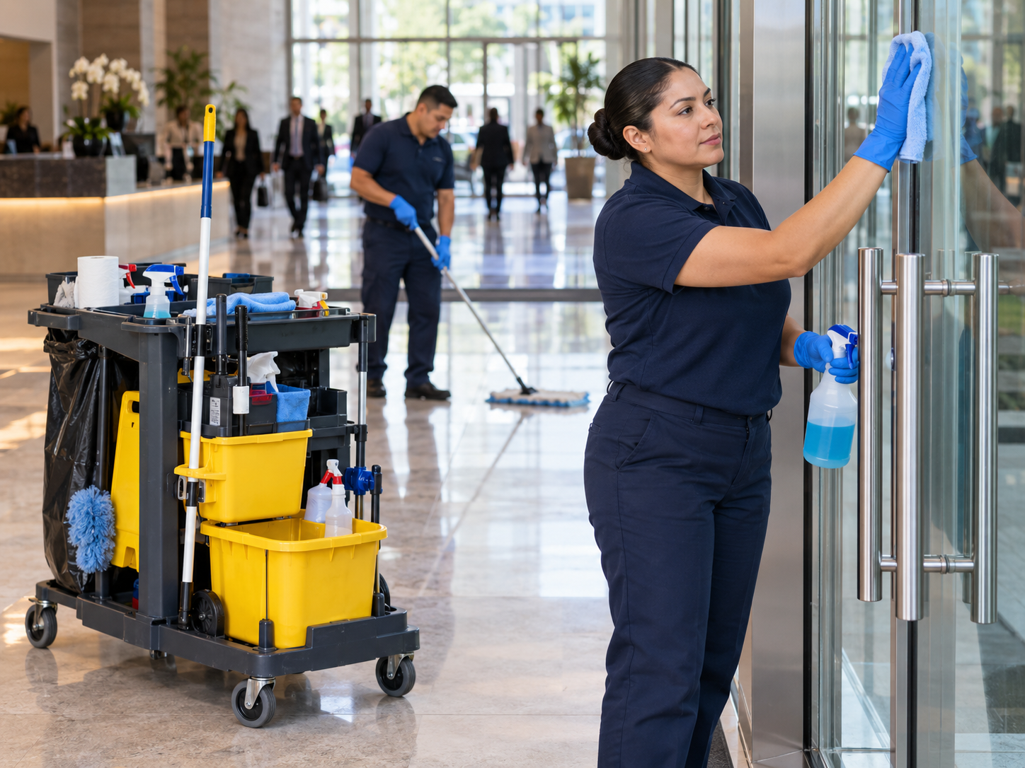 Porter wiping lobby entry glass beside a janitorial cart