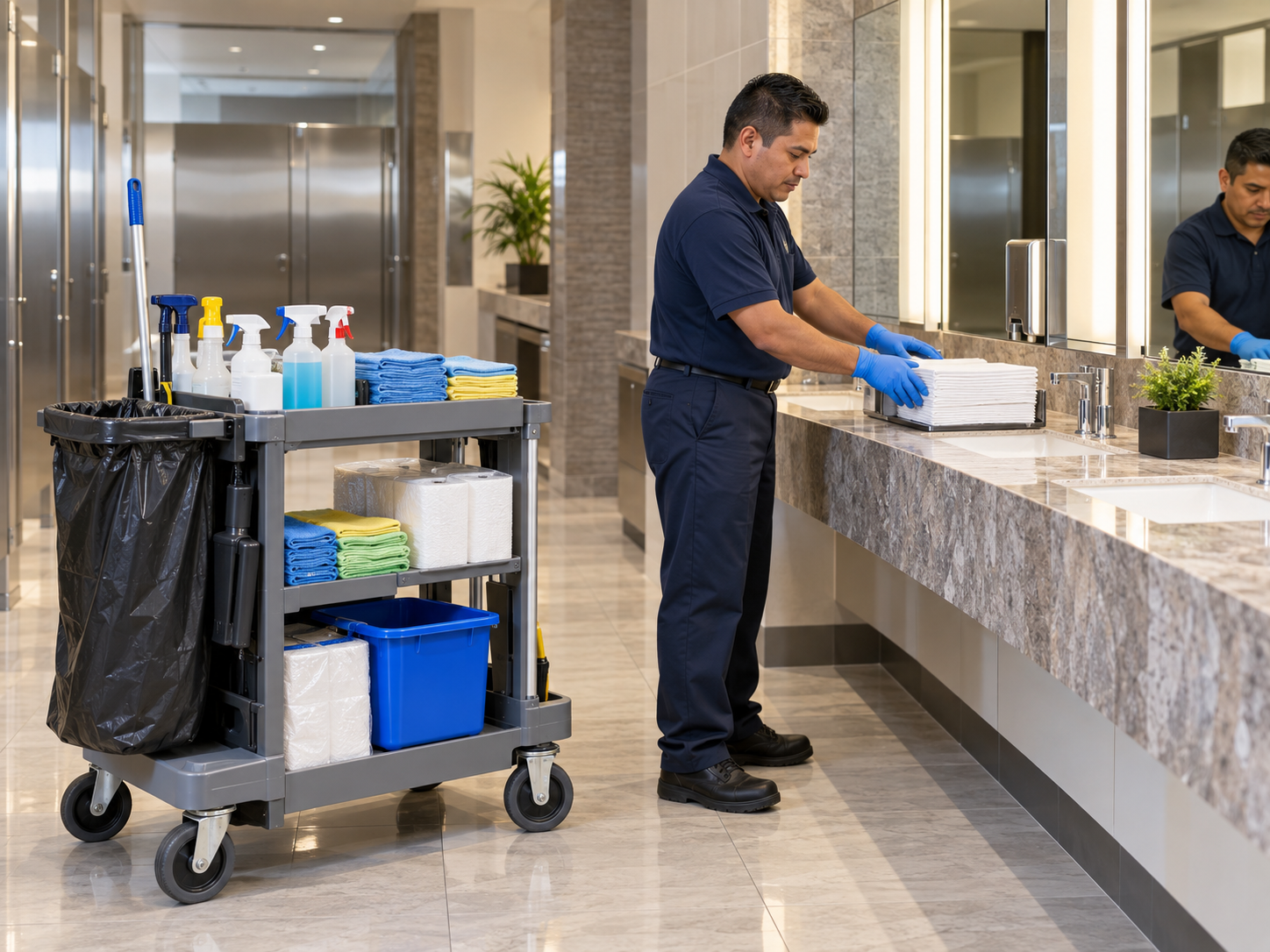 Porter restocking paper towels beside a janitorial cart