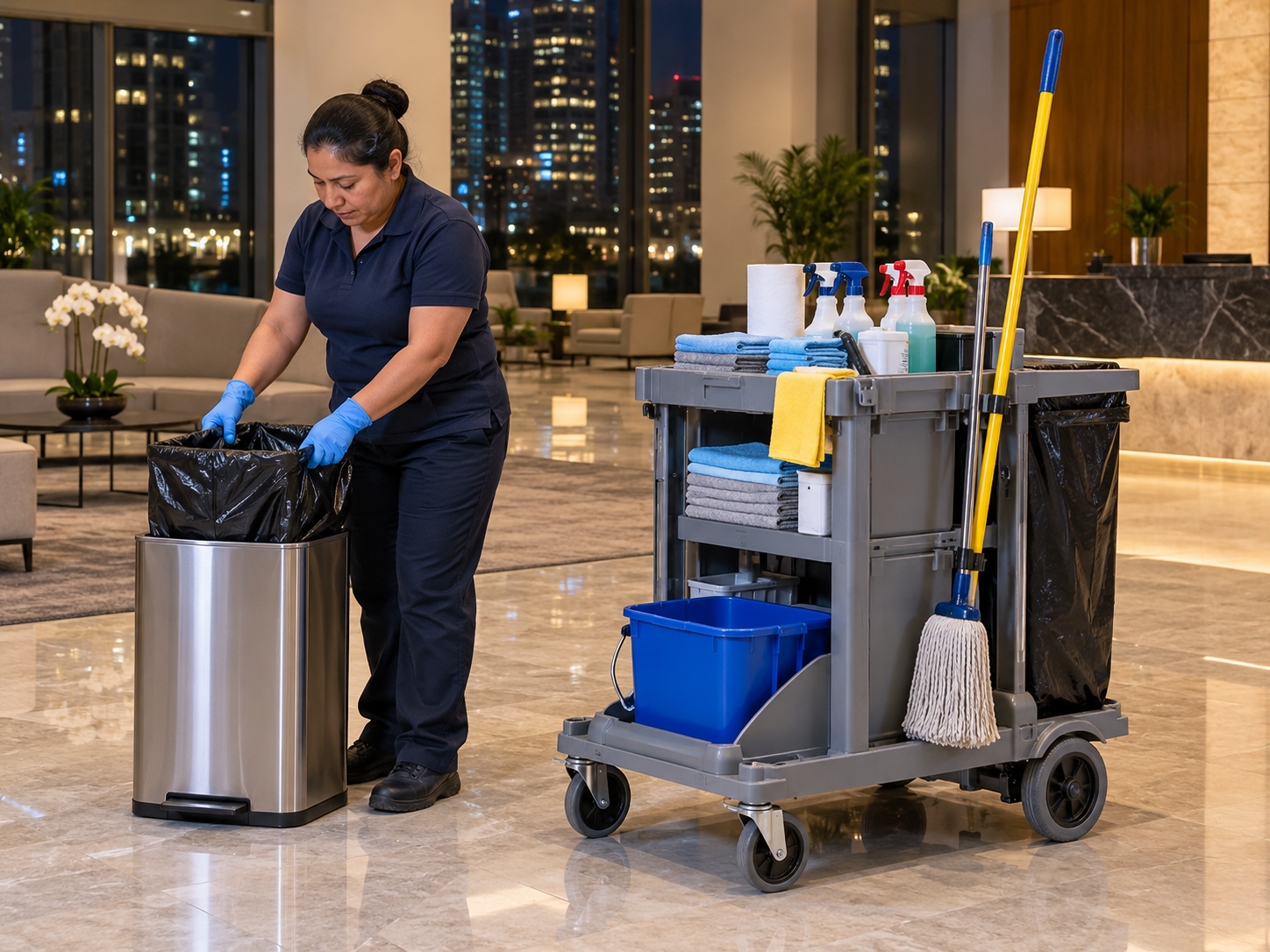 Night porter replacing a trash liner beside a fully stocked janitorial cart