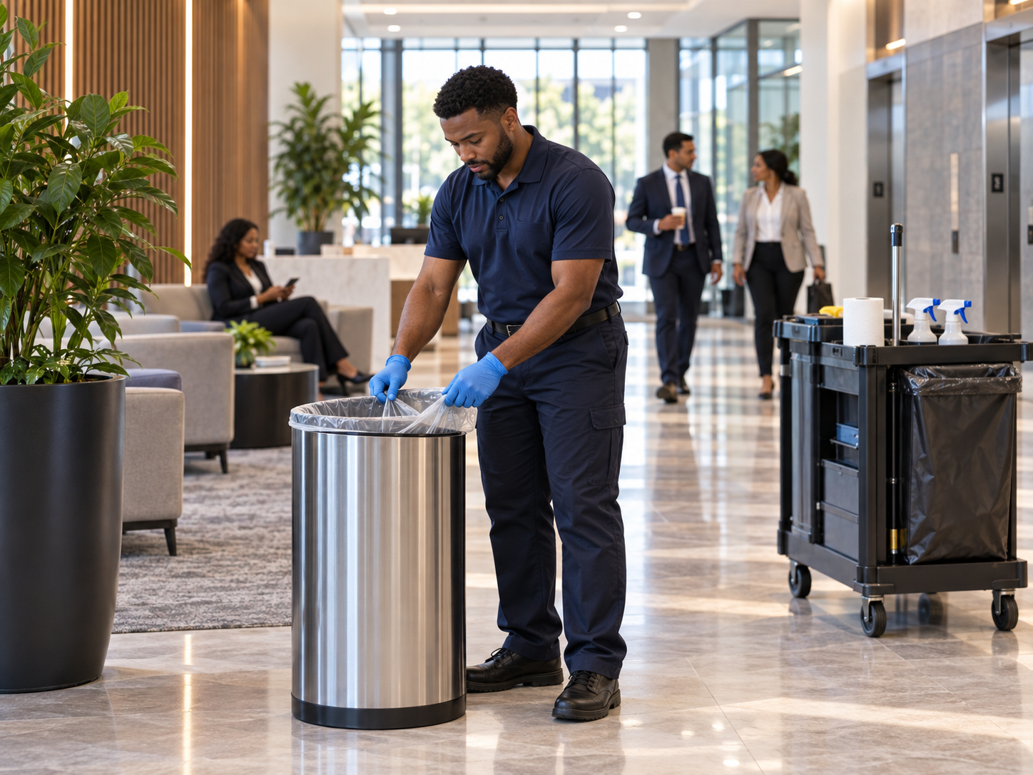 Porter cleaning a waste station with a cleaning cart nearby