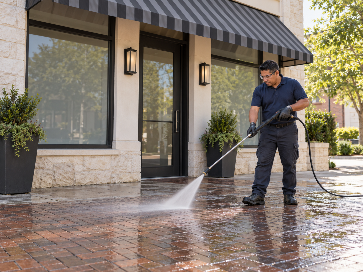 Cleaner pressure washing brick pavers outside a retail storefront