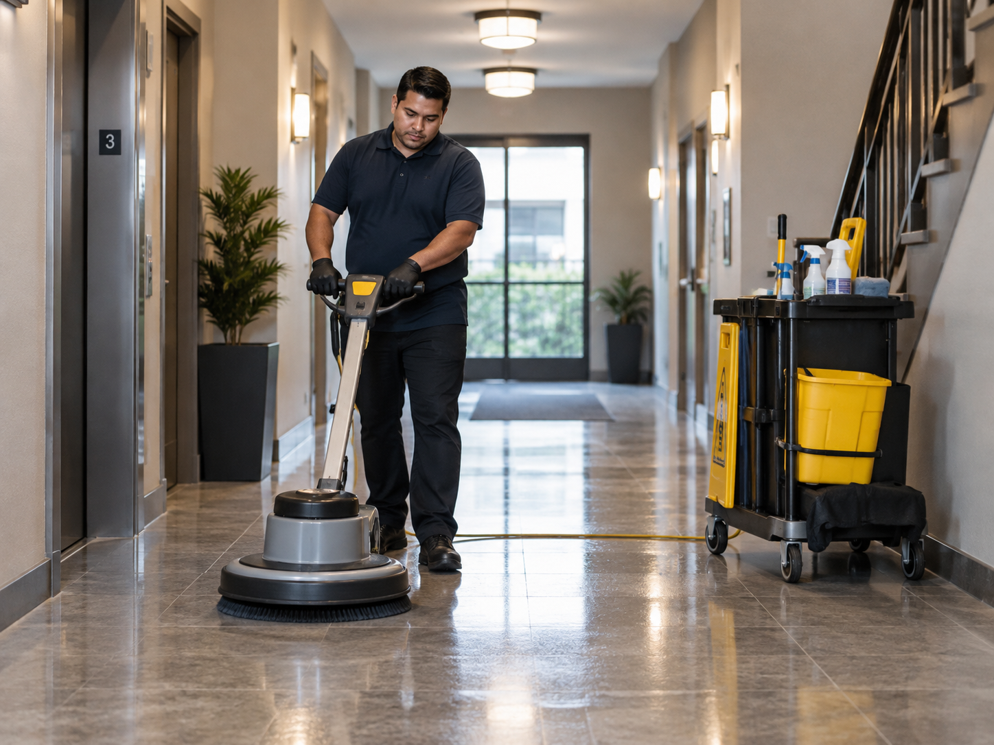 Cleaner polishing the floor of a shared building hallway