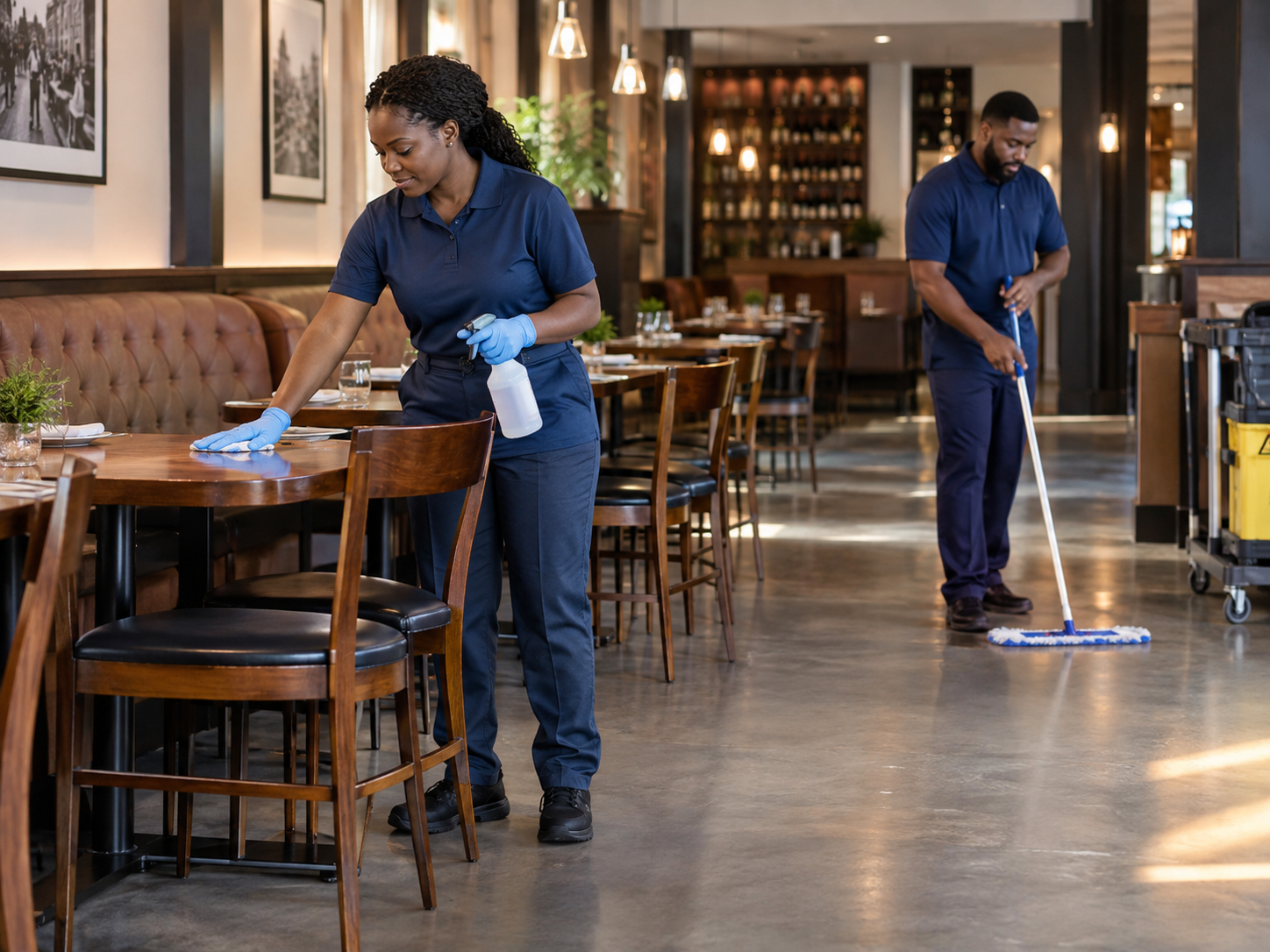 Restaurant team cleaning dining tables and floors