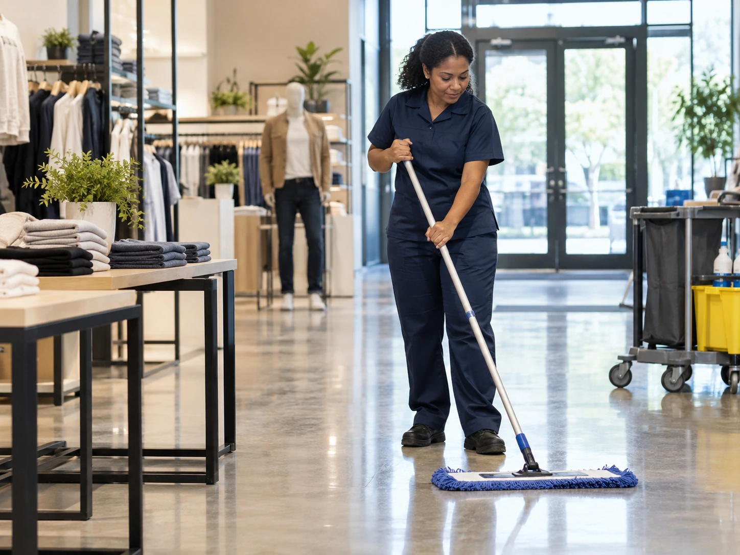 Cleaner mopping the floor inside a clothing shop