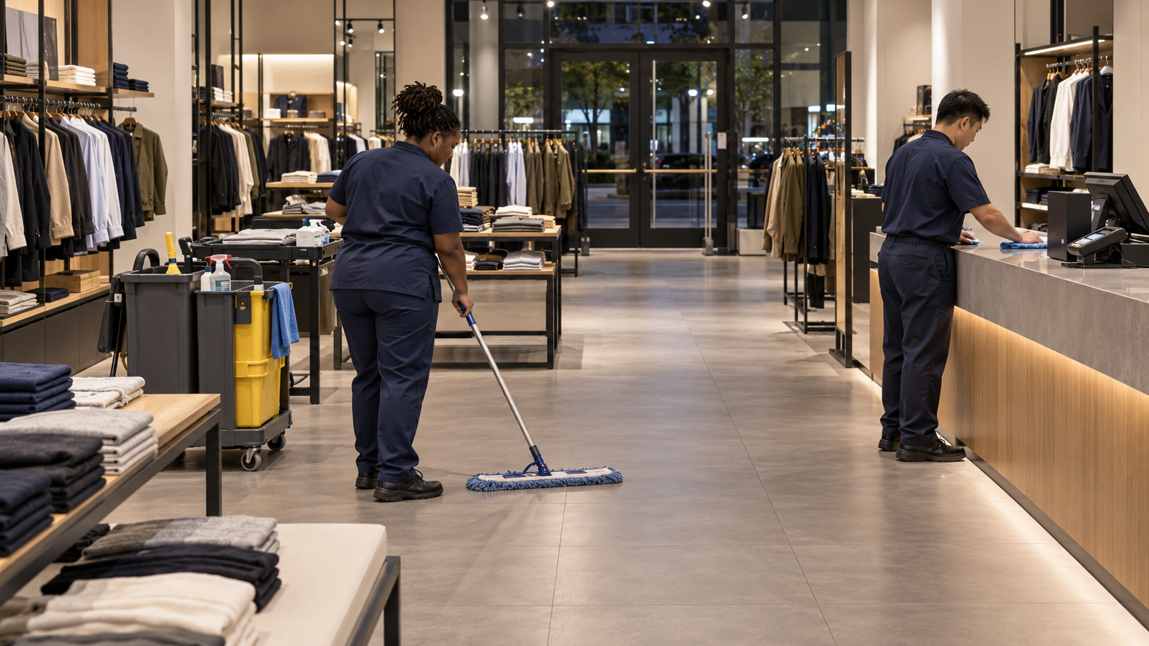 Commercial cleaning team maintaining a clothing retail store