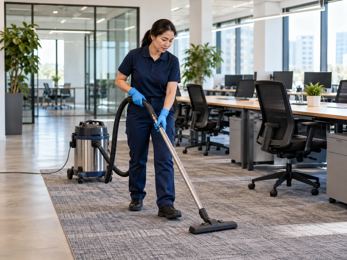 Cleaner vacuuming an office aisle
