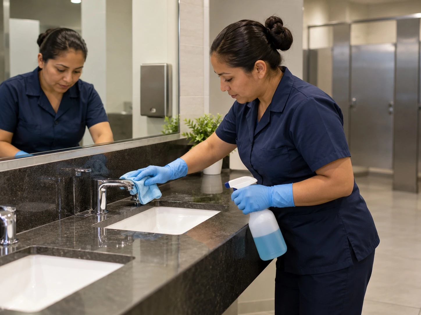 Cleaner maintaining office restroom sinks