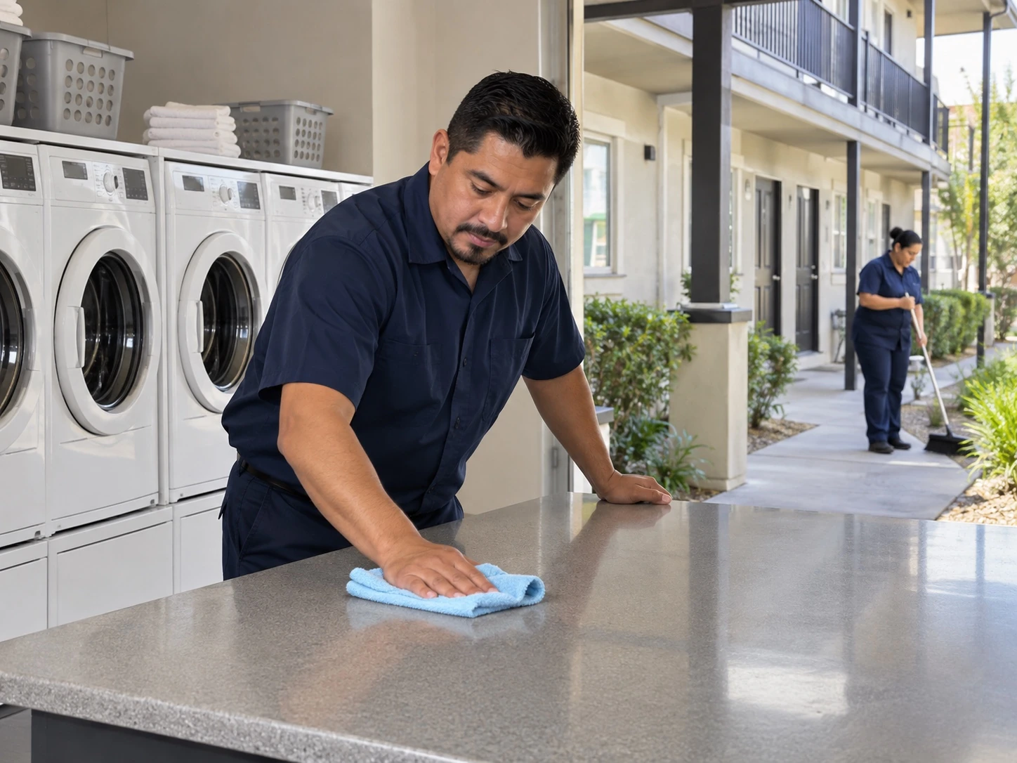 Cleaner maintaining an apartment building shared laundry room