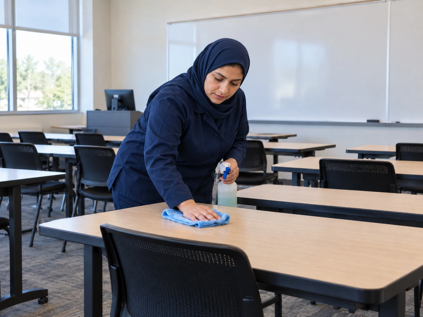 Cleaner maintaining training room tables