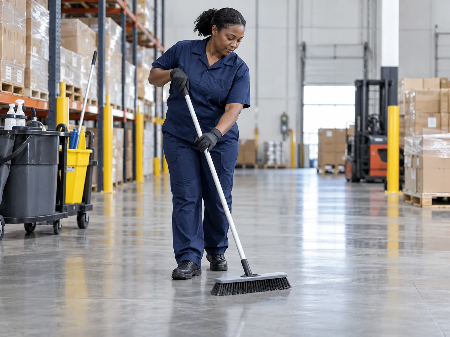 Cleaner sweeping a warehouse aisle